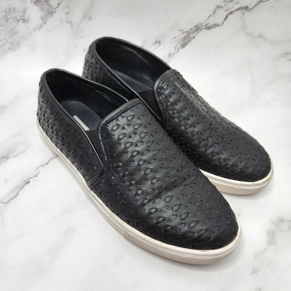 Steve Madden Excel Black Faux Vegan Leather Perforated Slip On Flat Sneaker 7B